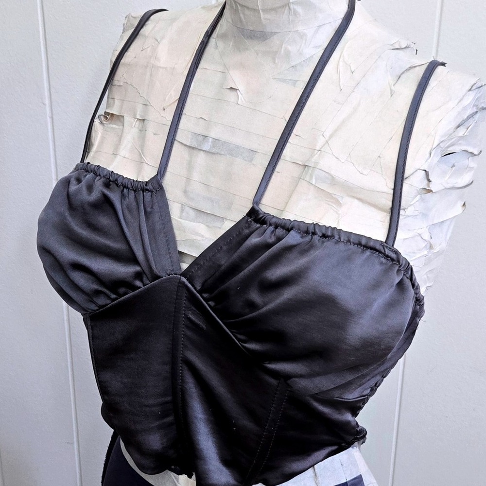 L.A. Hearts Gray Satin Bustier Crop Top Halter Tie Back‎ Smocked Women's Small